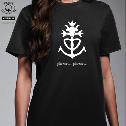 Taureau Camargue Croix de Camargue, graphisme sur t-shirt bio épais 220g noir unisexe, à personnaliser avec un texte. Création Virginie Linard ©.