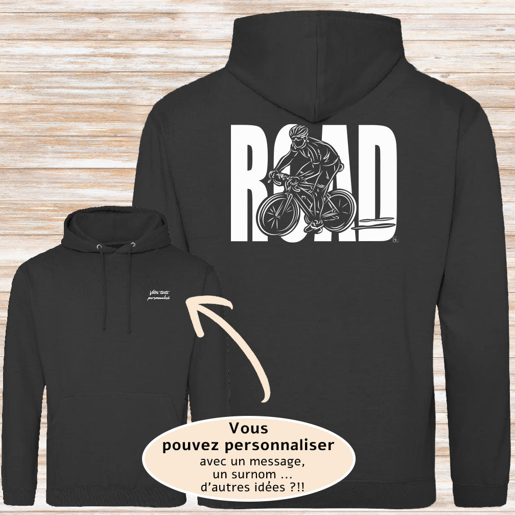 Graphisme Vélo course road sur sweat-shirt noir à personnaliser avec un texte. Création virginielinard.com ©.