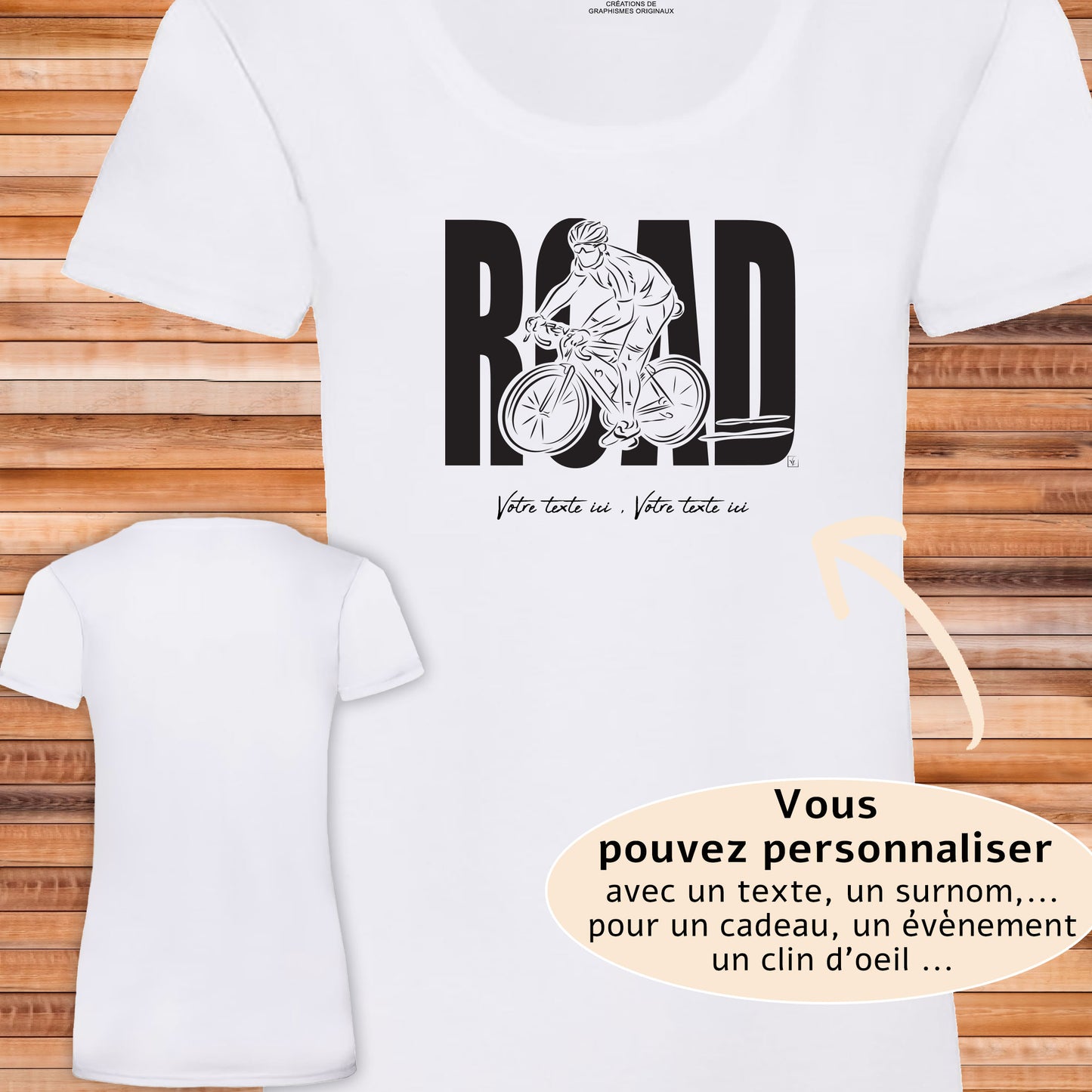 Vélo course road sur T-shirt blanc femme coton à personnaliser avec un texte. Création virginielinard.com ©