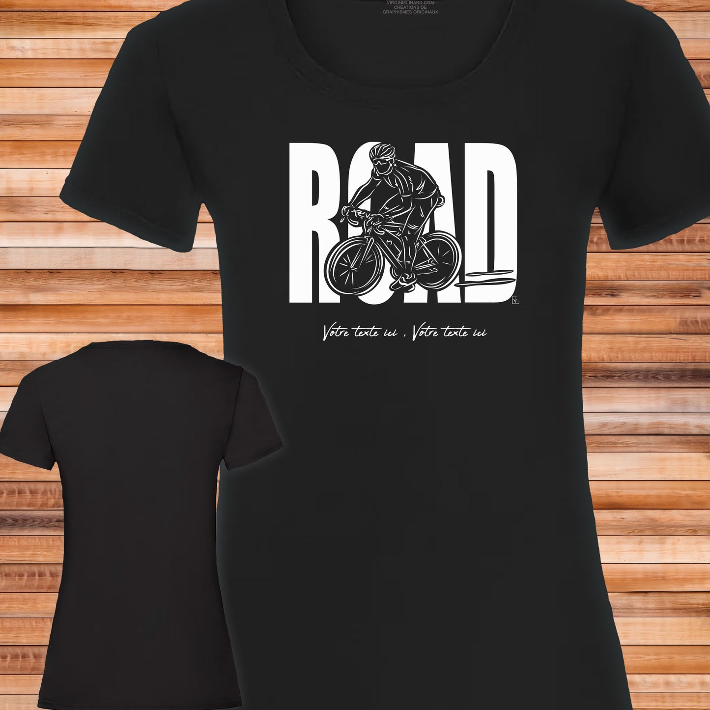 Vélo course road sur T-shirt noir femme coton à personnaliser avec un texte. Création virginielinard.com ©
