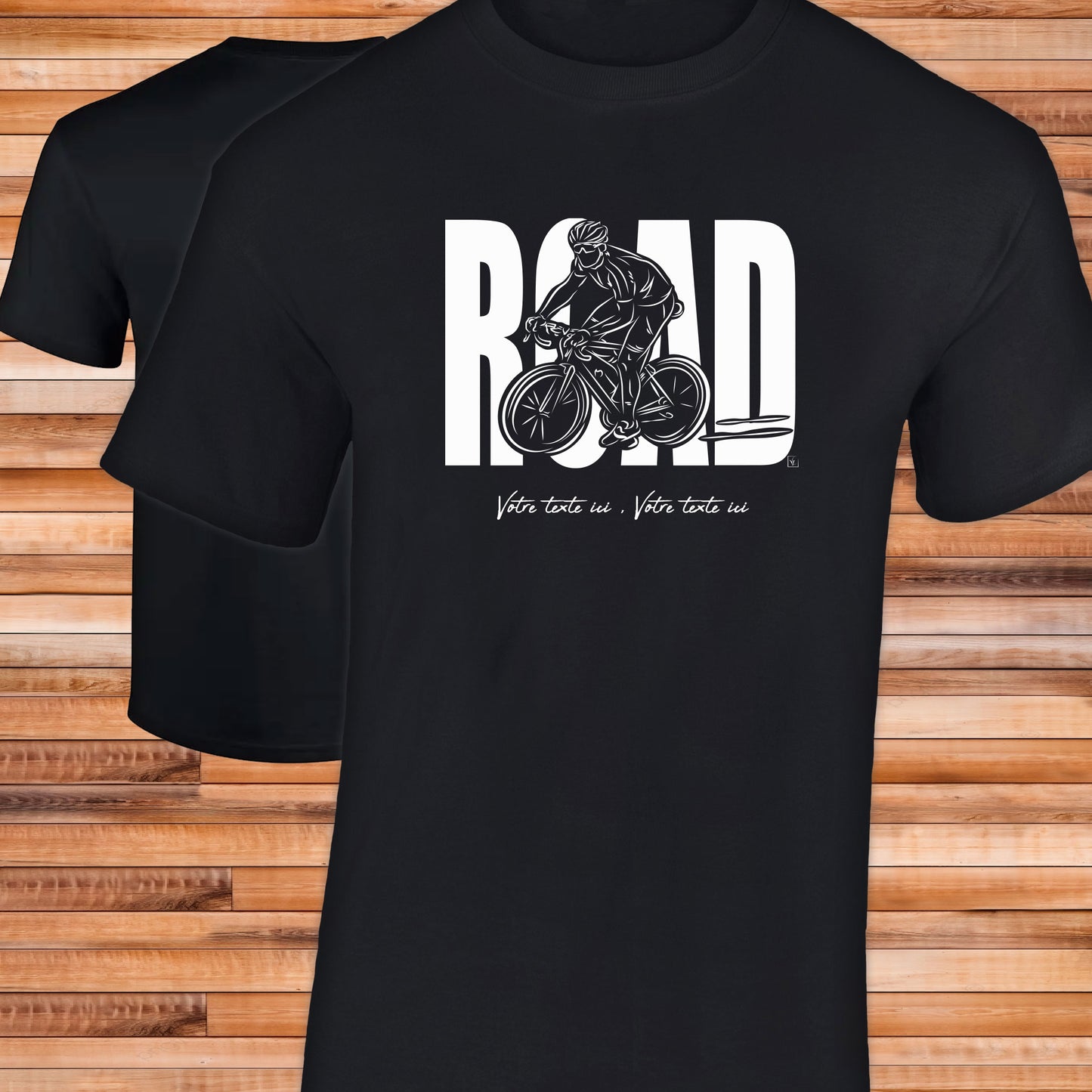 Vélo course road sur T-shirt noir homme coton à personnaliser avec un texte. Création virginielinard.com ©