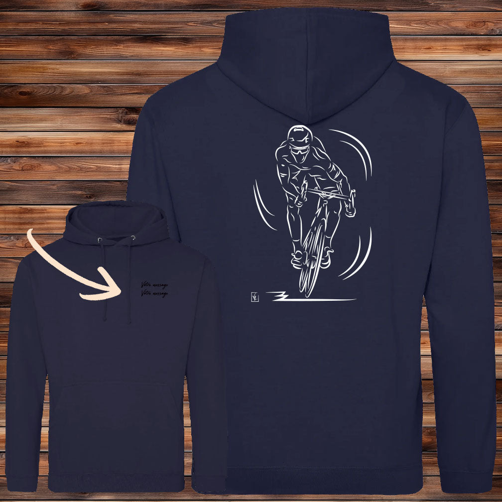 Vélo course sprint, graphisme sur sweat-shirt bleu à personnaliser avec un texte. Création Virginie Linard ©. virginielinard.com.