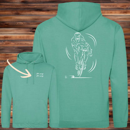 Vélo course sprint, graphisme sur sweat-shirt vert à personnaliser avec un texte. Création Virginie Linard ©. virginielinard.com.