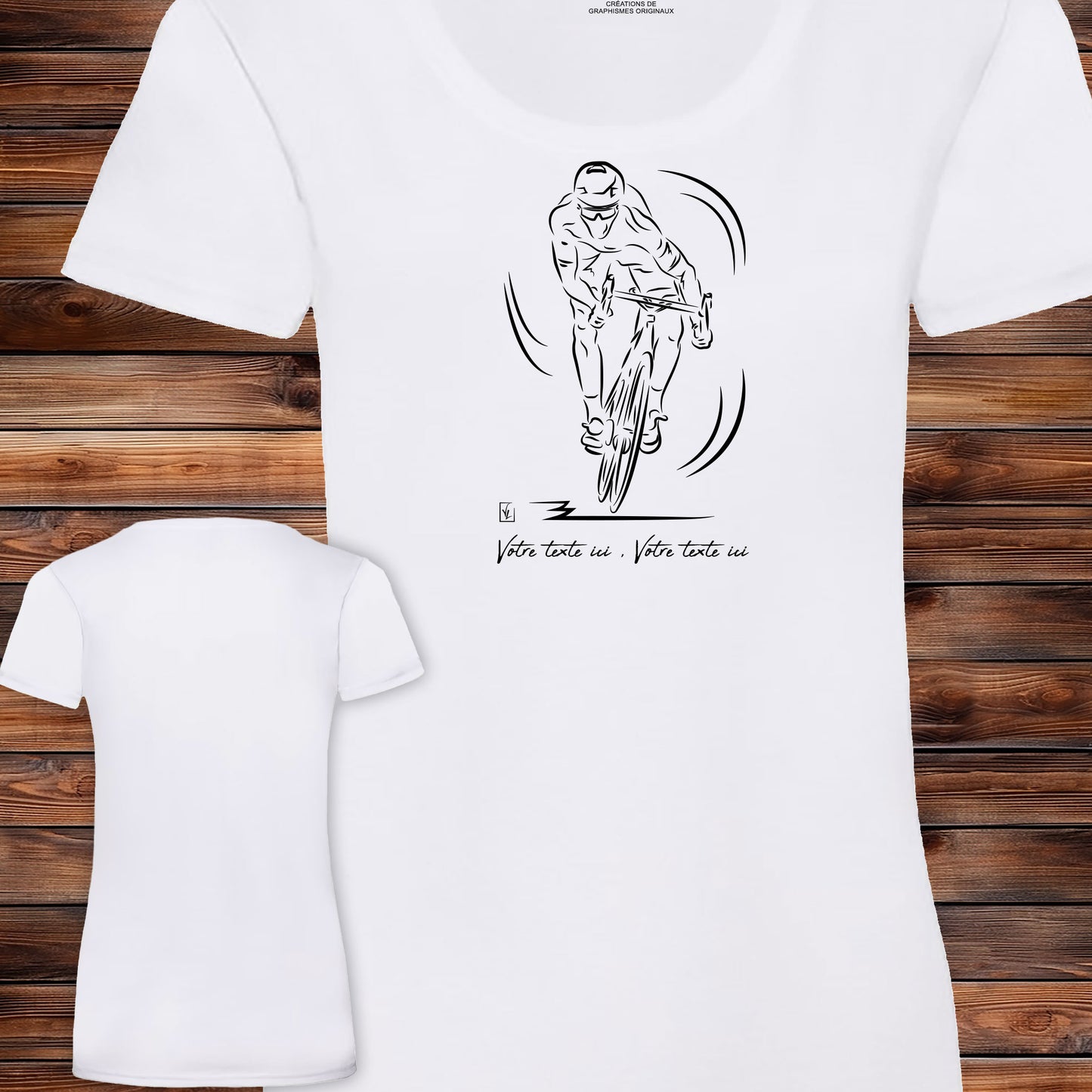 Vélo course sprint sur t-shirt blanc femme à personnaliser avec un texte. Création Virginie Linard ©.