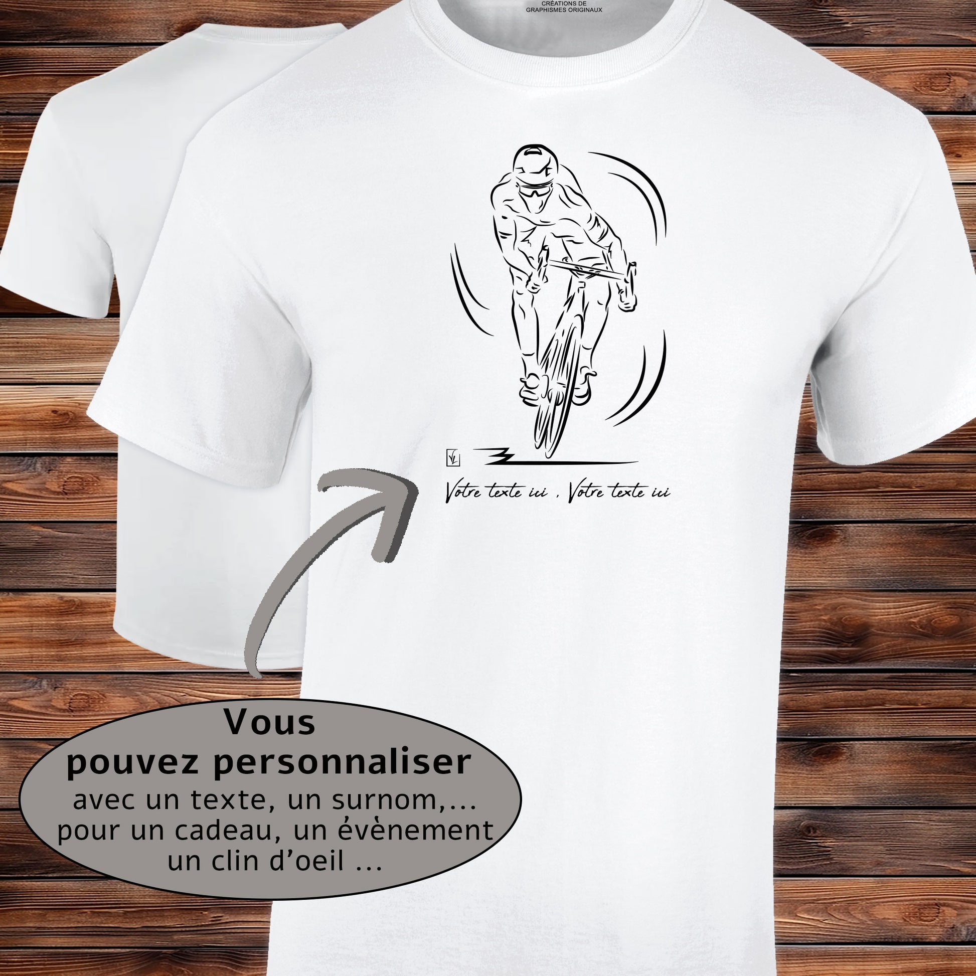 Vélo course sprint sur t-shirt blanc homme à personnaliser avec un texte. Création Virginie Linard ©.
