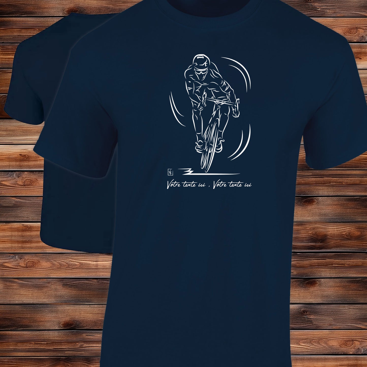 Vélo course sprint sur t-shirt bleu homme à personnaliser avec un texte. Création Virginie Linard ©.