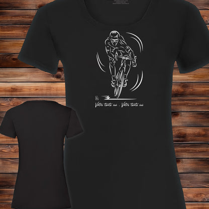 Vélo course sprint sur t-shirt noir femme à personnaliser avec un texte. Création Virginie Linard ©.