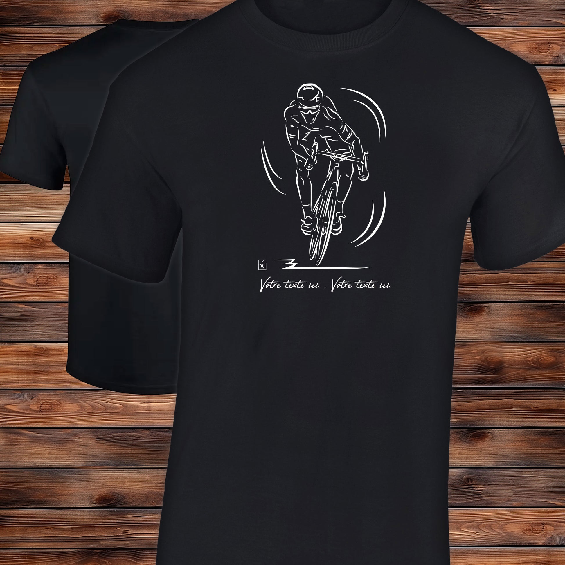 Vélo course sprint sur t-shirt noir homme à personnaliser avec un texte. Création Virginie Linard ©.