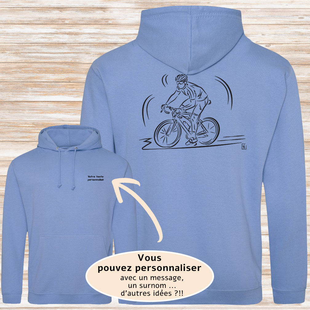 Graphisme Vélo course cyclisme sur sweat-shirt bleu à personnaliser avec un texte. Création virginielinard.com ©.