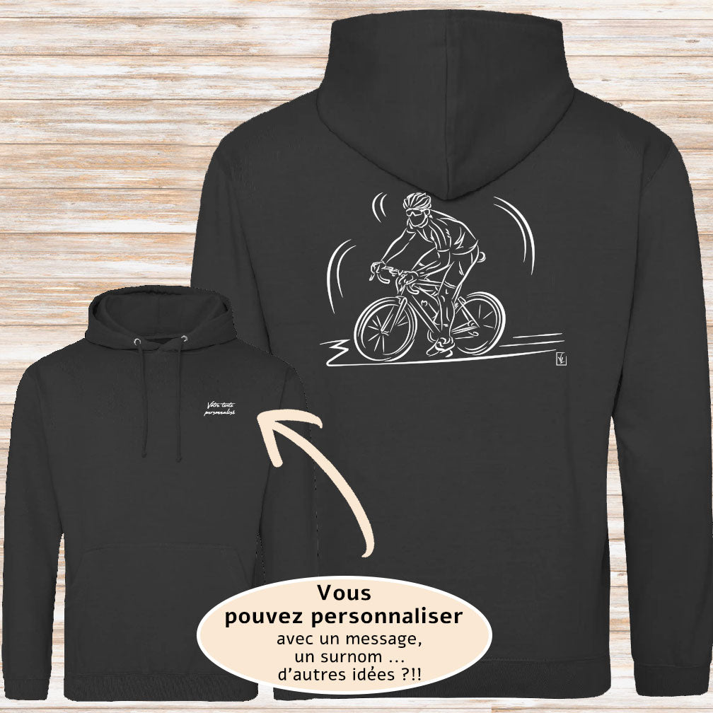 Graphisme Vélo course cyclisme sur sweat-shirt noir à personnaliser avec un texte. Création virginielinard.com ©.