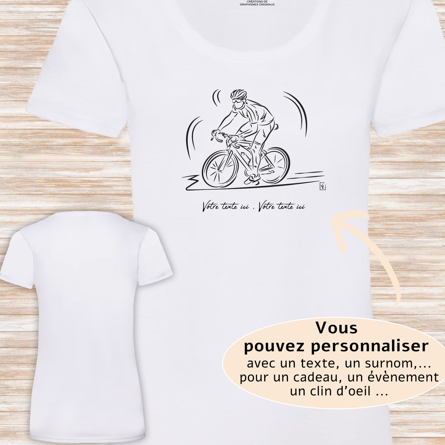 Graphisme Vélo course cyclisme sur t-shirt blanc femme à personnaliser avec un texte. Création virginielinard.com ©.