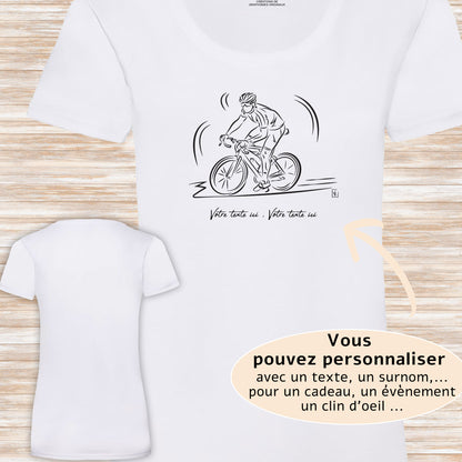 Graphisme Vélo course cyclisme sur t-shirt blanc femme à personnaliser avec un texte. Création virginielinard.com ©.