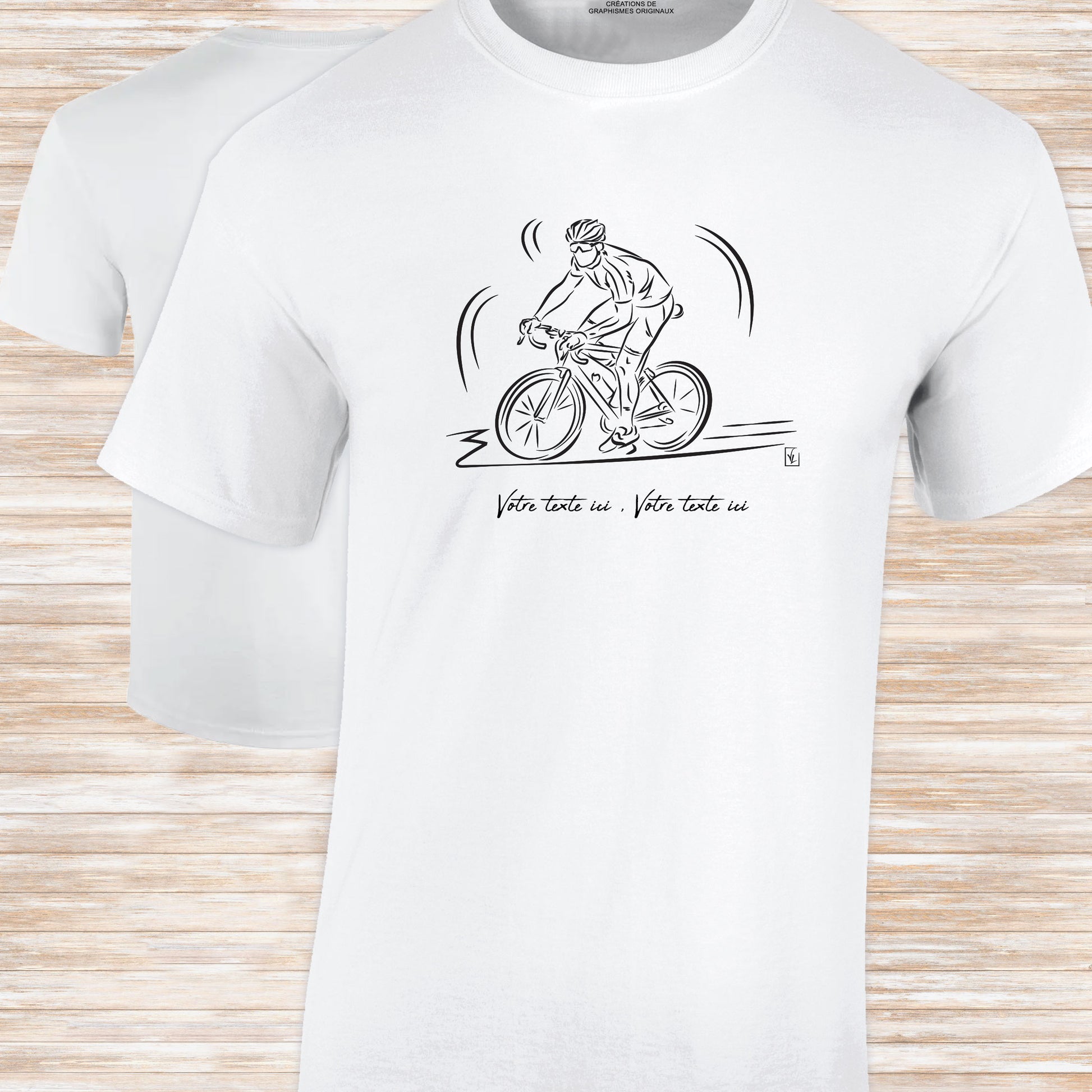Graphisme Vélo course cyclisme sur t-shirt blanc homme à personnaliser avec un texte. Création virginielinard.com ©.