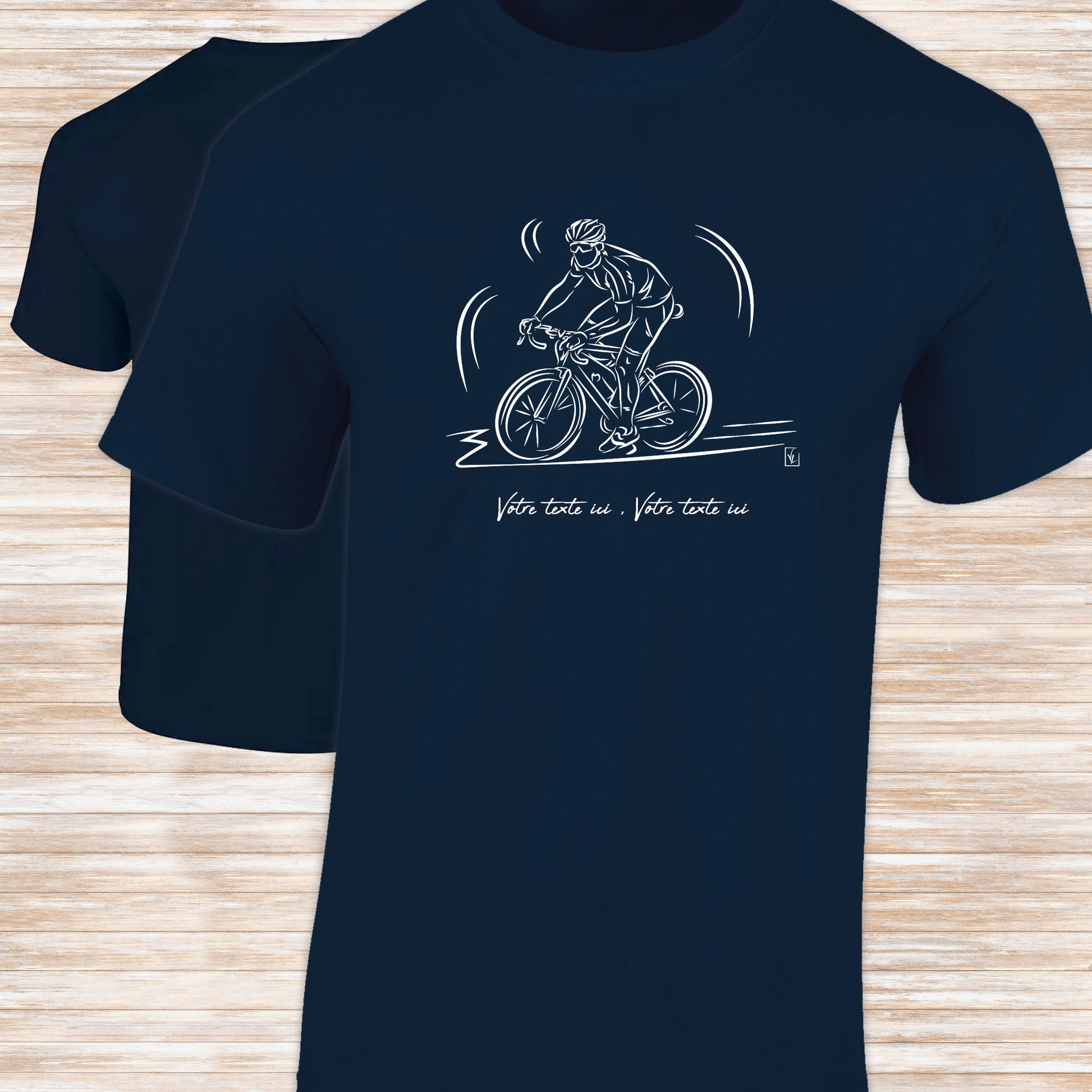 Graphisme Vélo course cyclisme sur t-shirt bleu homme à personnaliser avec un texte. Création virginielinard.com ©.