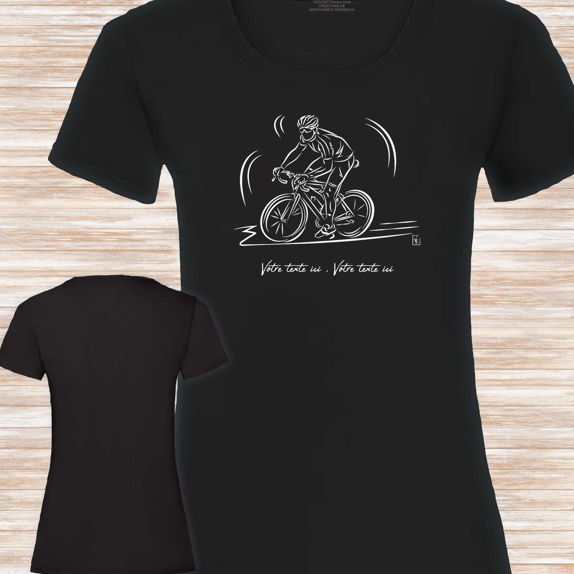 Graphisme Vélo course cyclisme sur t-shirt noir femme à personnaliser avec un texte. Création virginielinard.com ©.