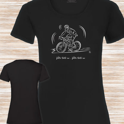 Graphisme Vélo course cyclisme sur t-shirt noir femme à personnaliser avec un texte. Création virginielinard.com ©.