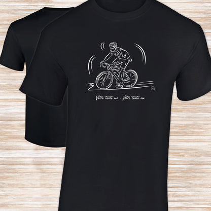 Graphisme Vélo course cyclisme sur t-shirt noir homme à personnaliser avec un texte. Création virginielinard.com ©.