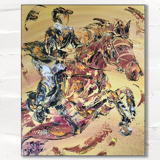 Peinture sur toile d'une scène d'équitation saut d'obstacle du peinture Virginie Linard ©