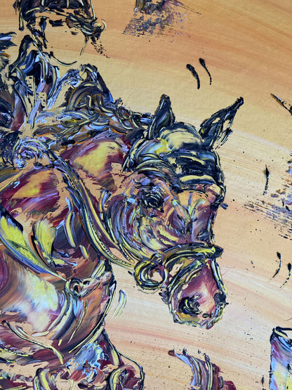 Tableau équitation saut d'obstacle cheval, couleur beige marron orange, format 60x80 cm. Original unique. Détail1. Création peintre Virginie Linard ©.