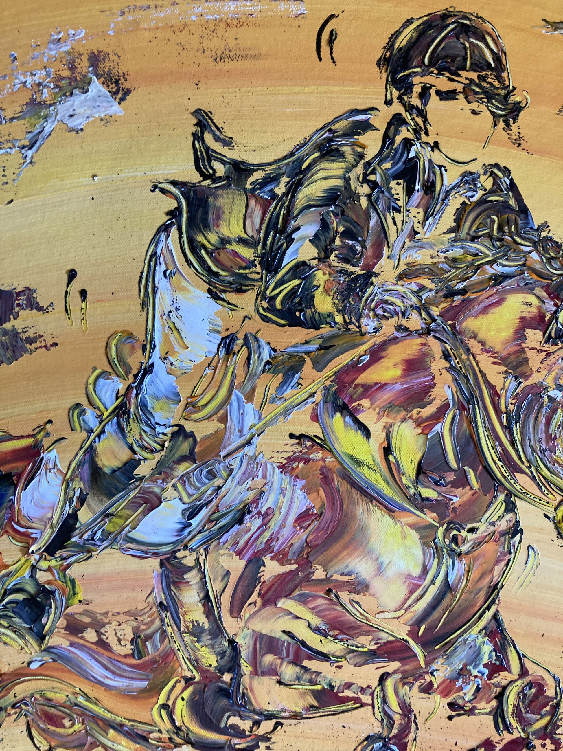 Tableau équitation saut d'obstacle cheval, couleur beige marron orange, format 60x80 cm. Original unique. Détail2. Création peintre Virginie Linard ©.