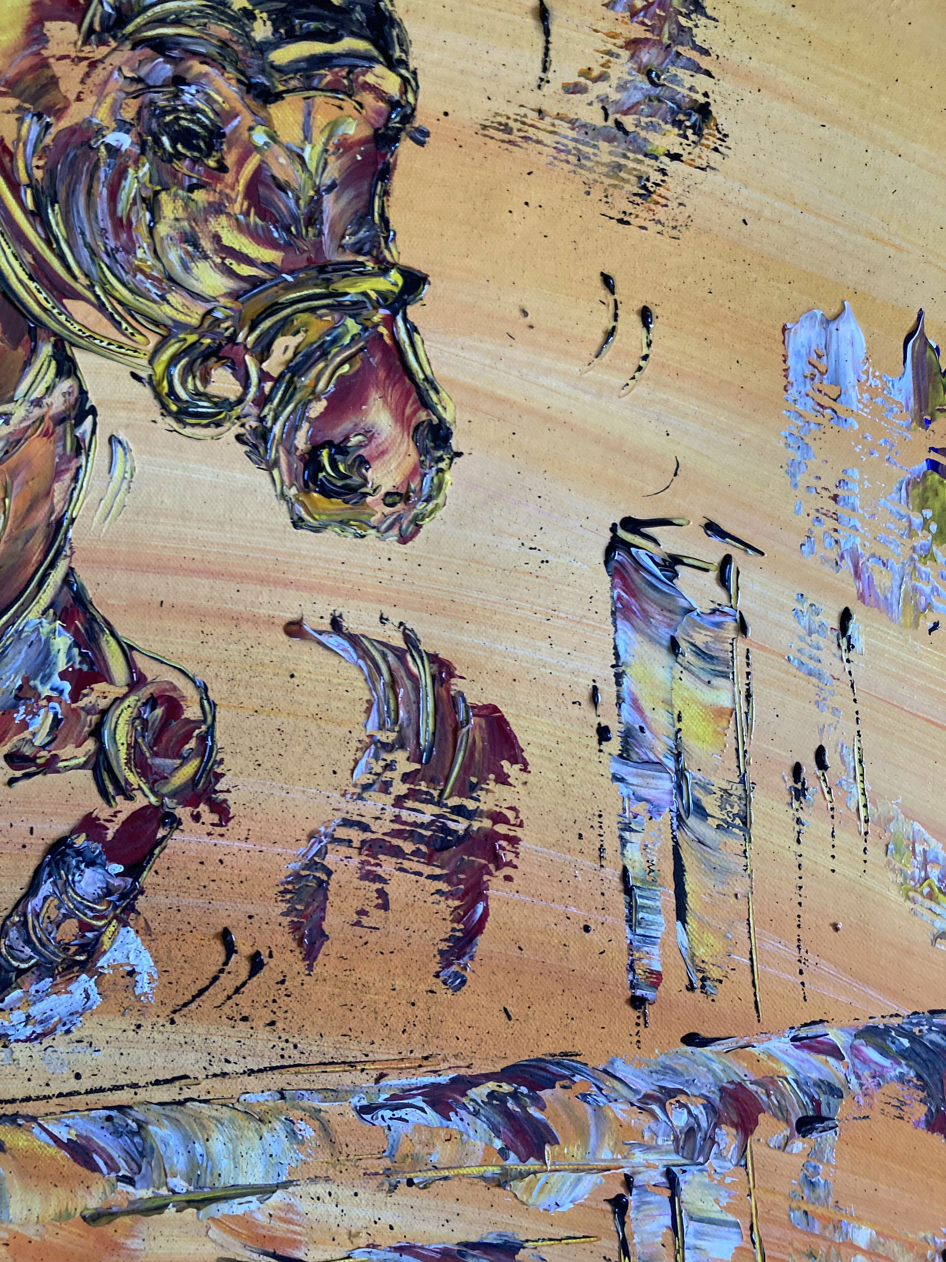 Tableau équitation saut d'obstacle cheval, couleur beige marron orange, format 60x80 cm. Original unique. Détail3. Création peintre Virginie Linard ©.