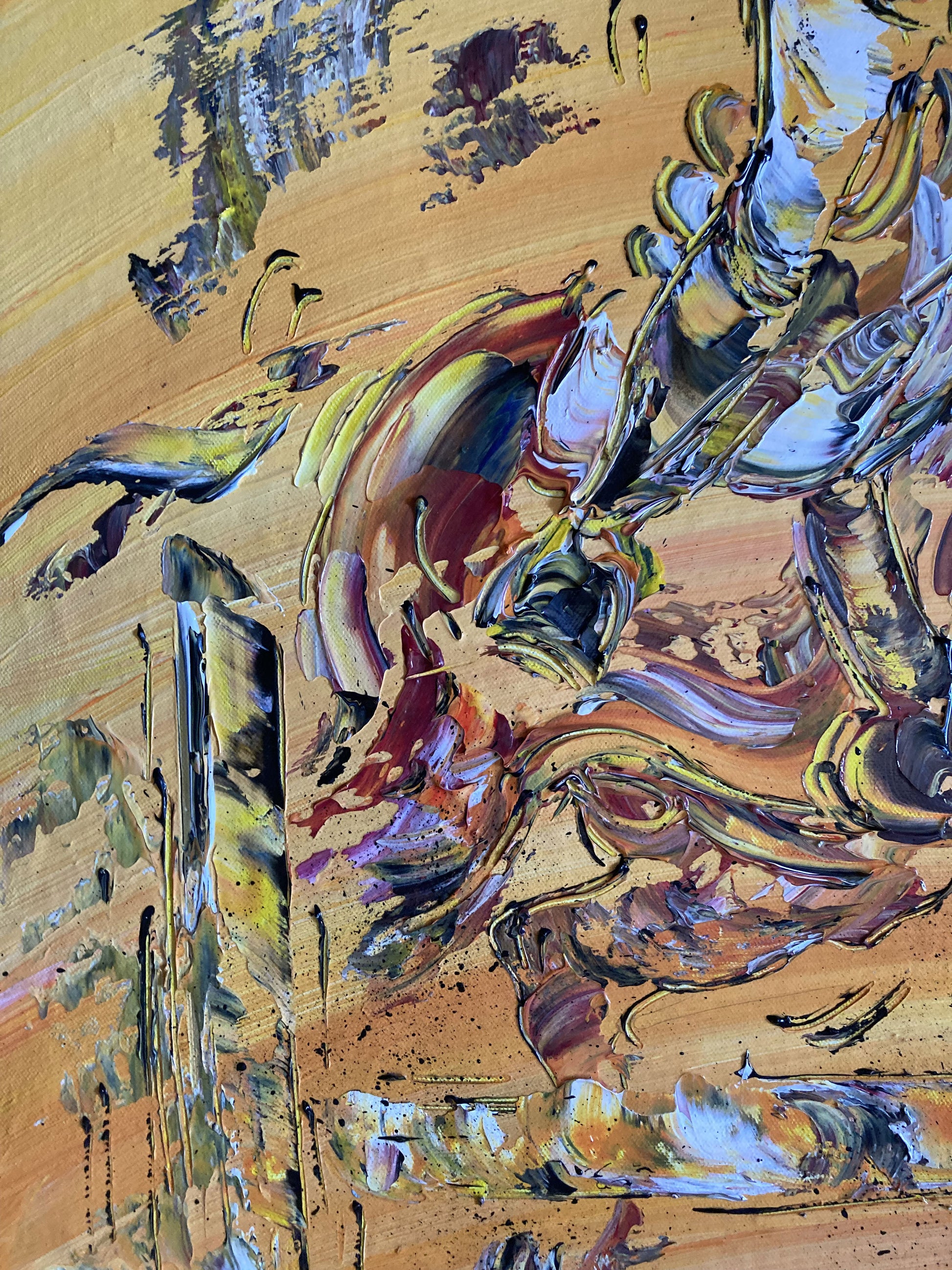 Tableau équitation saut d'obstacle cheval, couleur beige marron orange, format 60x80 cm. Original unique. Détail4. Création peintre Virginie Linard ©.