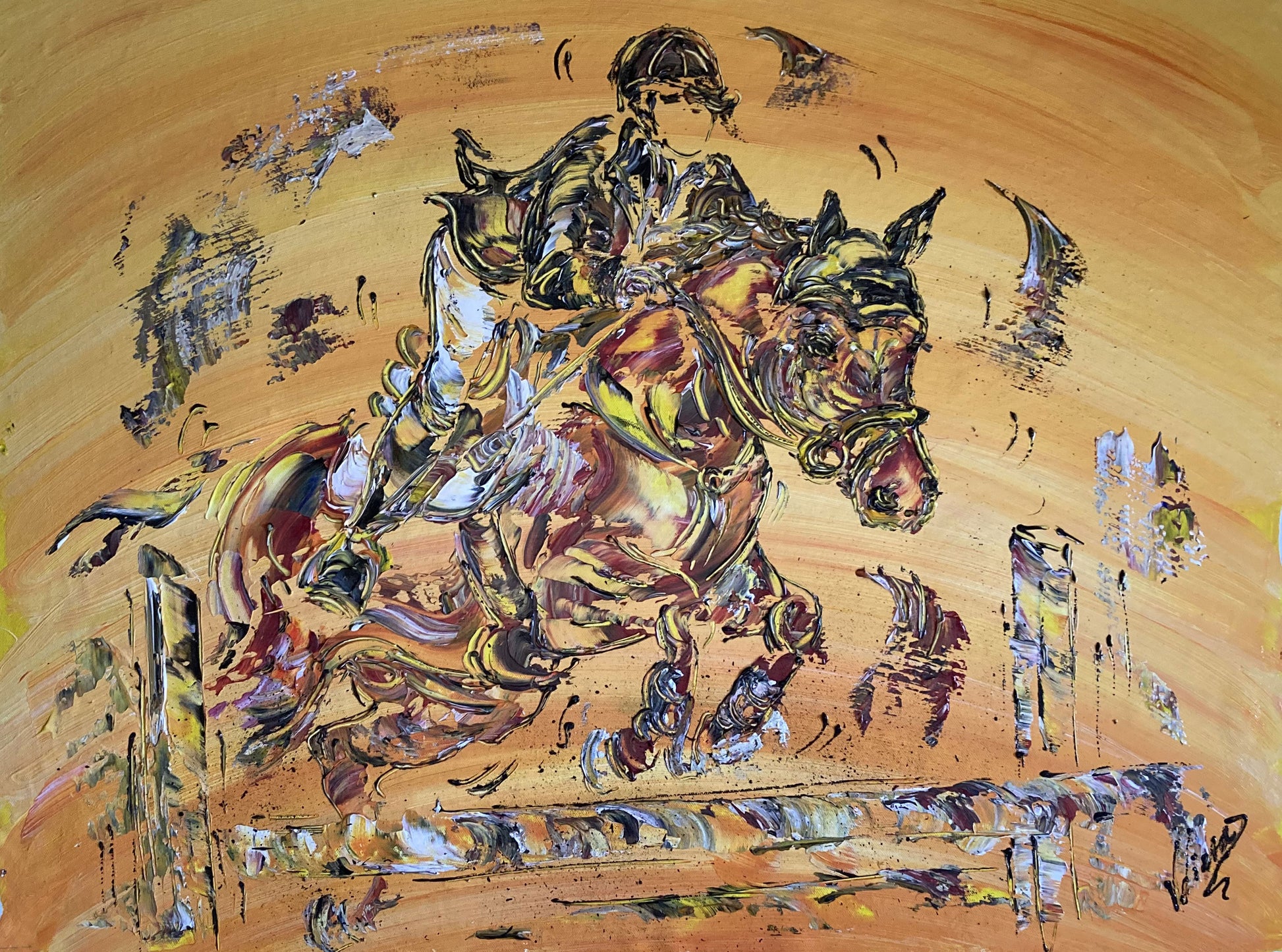 Tableau équitation saut d'obstacle cheval, couleur beige marron orange, format 60x80 cm. Original unique. Création peintre Virginie Linard ©.