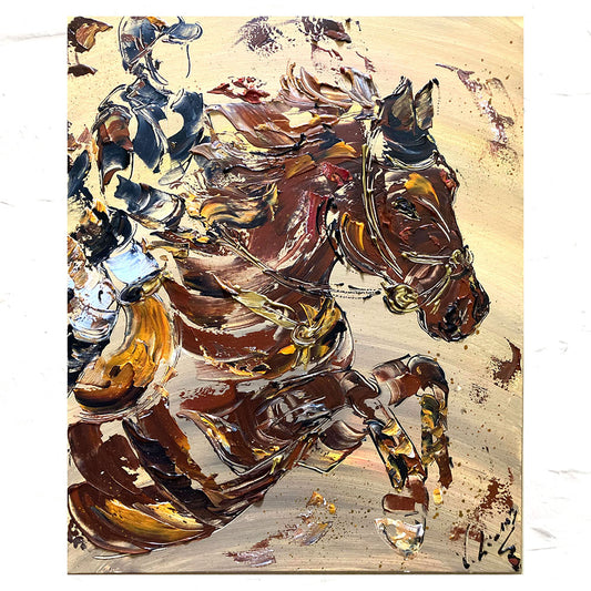 Peinture sur toile d'une scène d'équitation , cheval saut d'obstacle, du peinture Virginie Linard ©