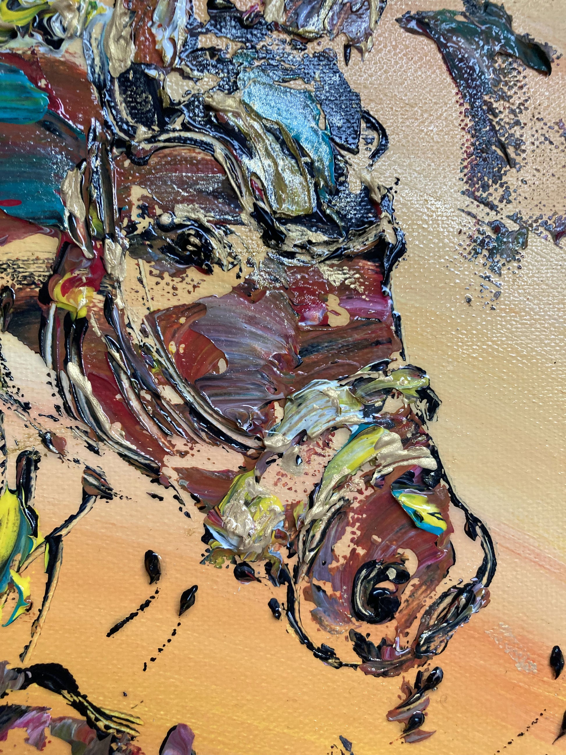 Tableau équitation saut d'obstacle. Peinture sur toile 40x40cm. Détail tête cheval. Peintre Virginie Linard ©.