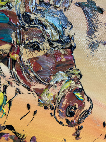 Tableau équitation saut d'obstacle. Peinture sur toile 40x40cm. Détail tête cheval. Peintre Virginie Linard ©.