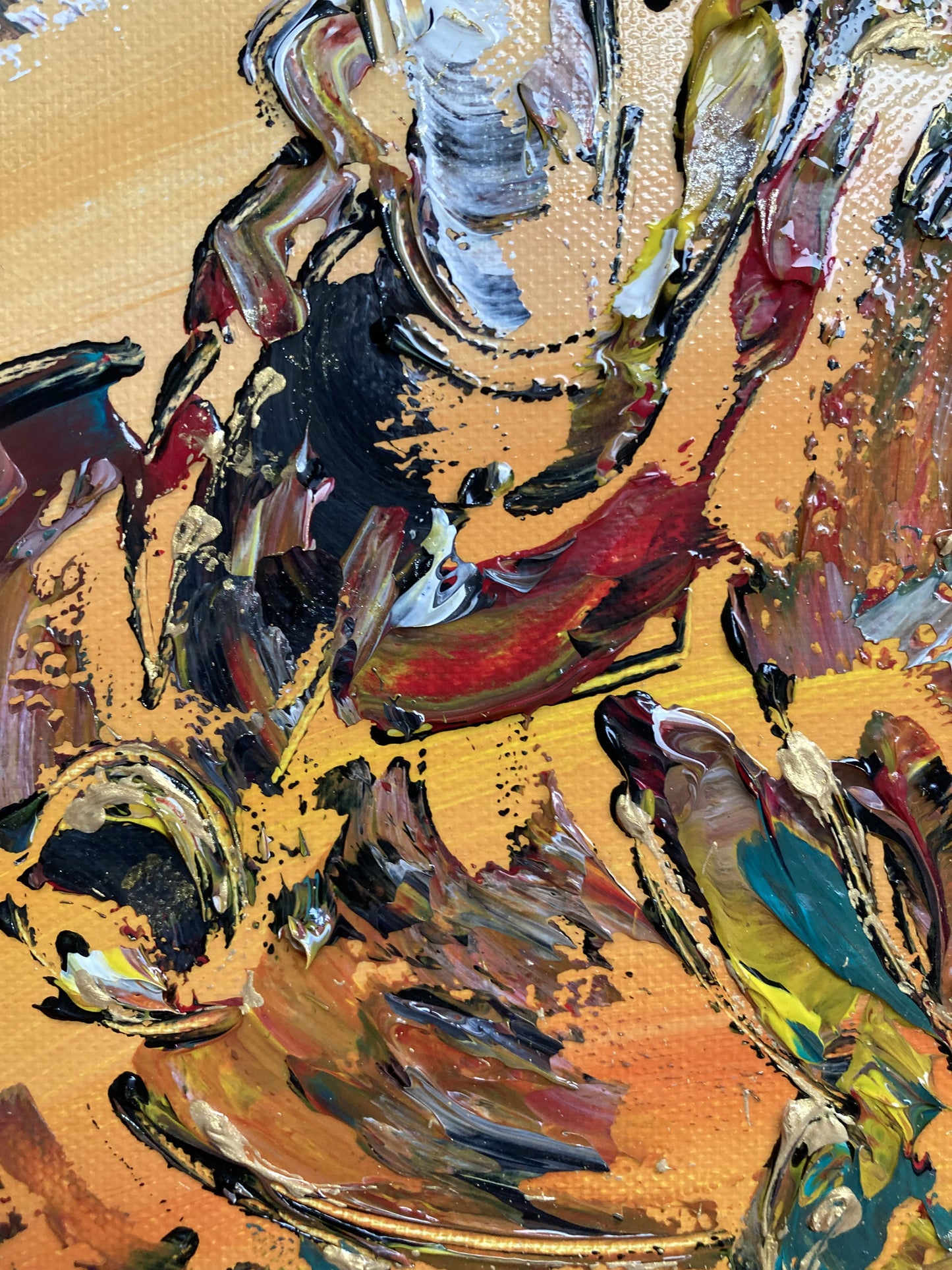 Tableau équitation saut d'obstacle. Peinture sur toile 40x40cm. Détail étrier. Peintre Virginie Linard ©.