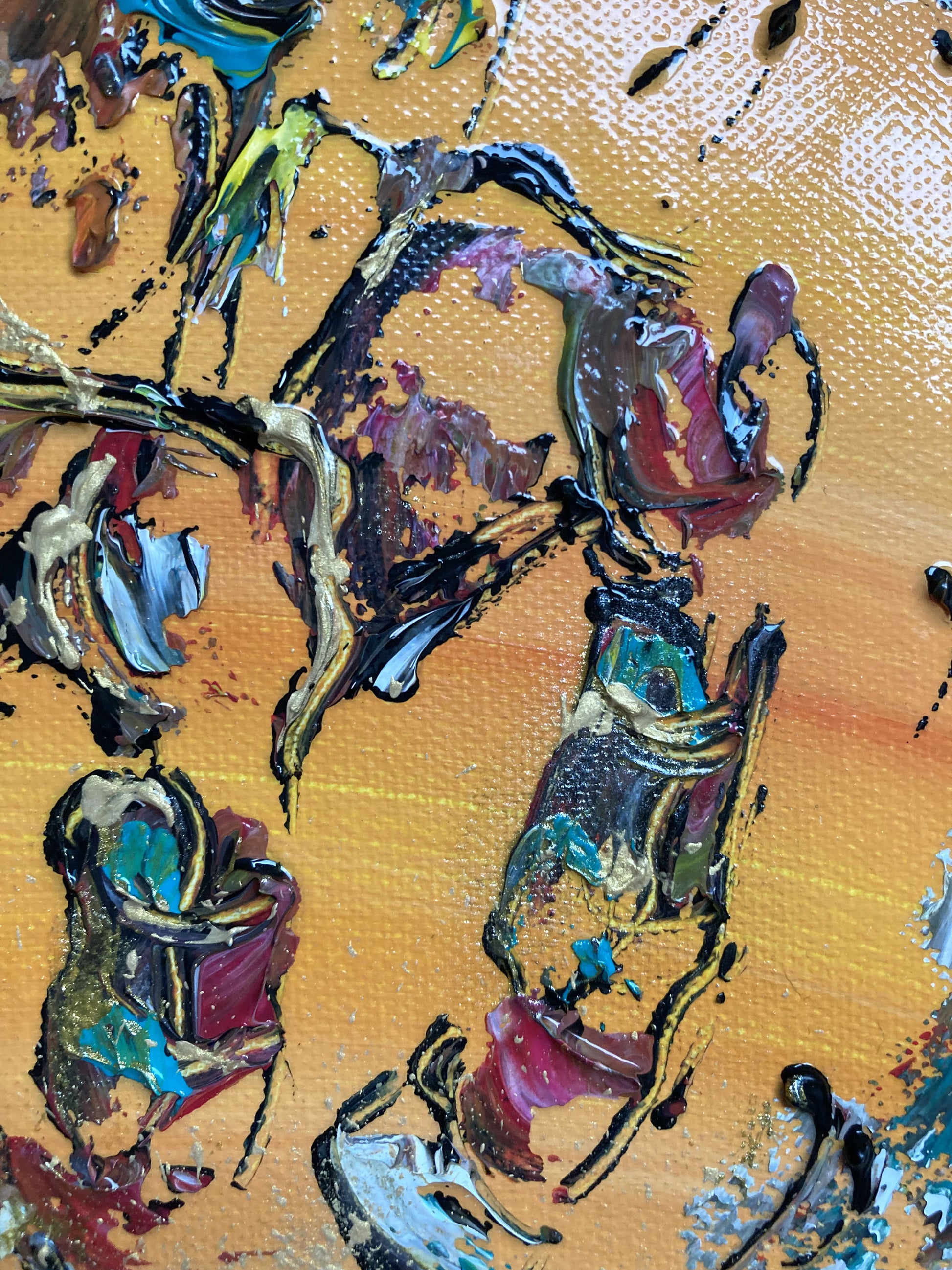 Tableau équitation saut d'obstacle. Peinture sur toile 40x40cm. Détail cheval. Peintre Virginie Linard ©.