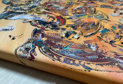 Tableau équitation saut d'obstacle. Peinture sur toile 40x40cm. Détail toile. Peintre Virginie Linard ©.