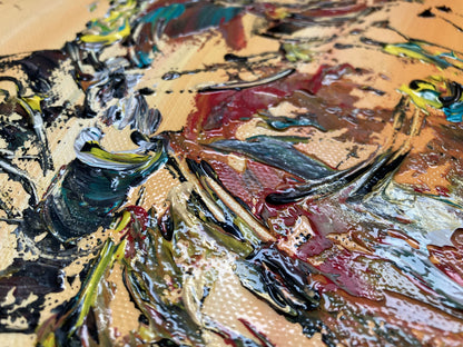 Tableau équitation saut d'obstacle. Peinture sur toile 40x40cm. Détail. Peintre Virginie Linard ©.