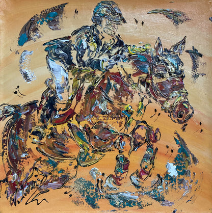 Tableau équitation saut d'obstacle. Peinture sur toile 40x40cm. Peintre Virginie Linard ©.