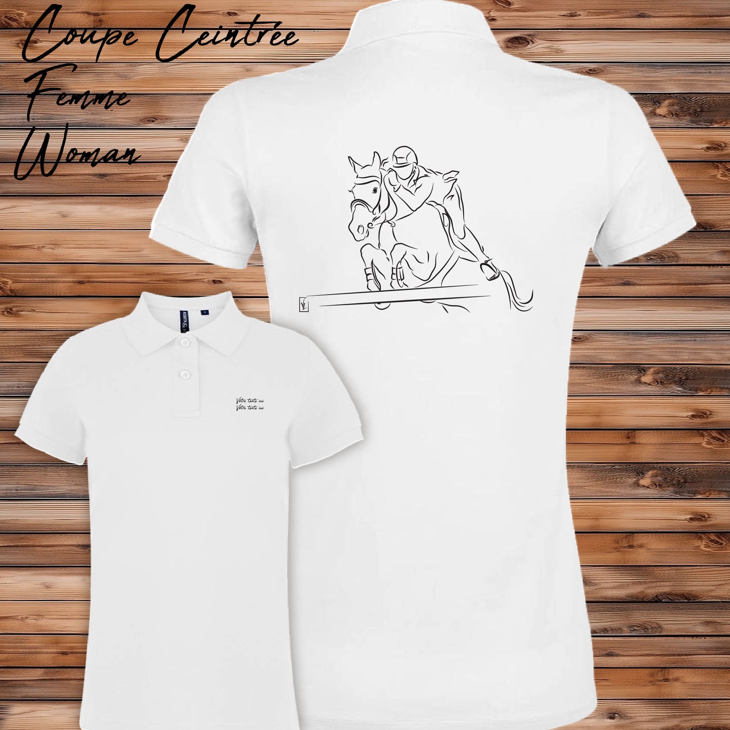 Equitation, saut d'obstacle, cheval, graphisme sur polo blanc femme à personnaliser avec un texte. Création Virginie Linard ©.