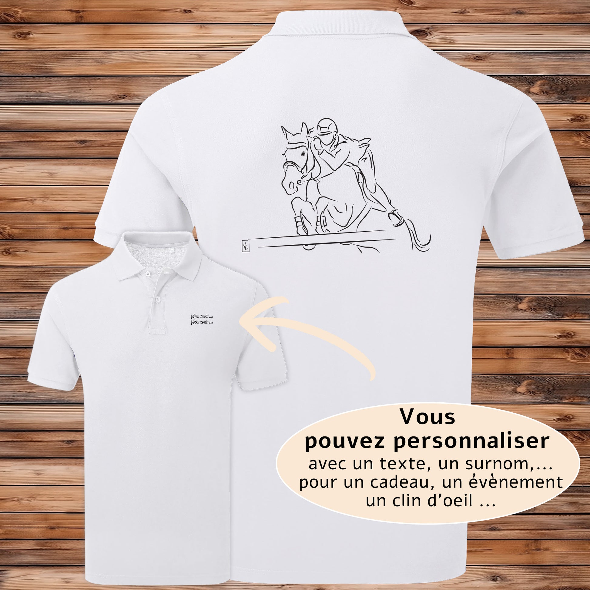 Equitation, saut d'obstacle, cheval, graphisme sur polo blanc homme à personnaliser avec un texte. Création Virginie Linard ©.