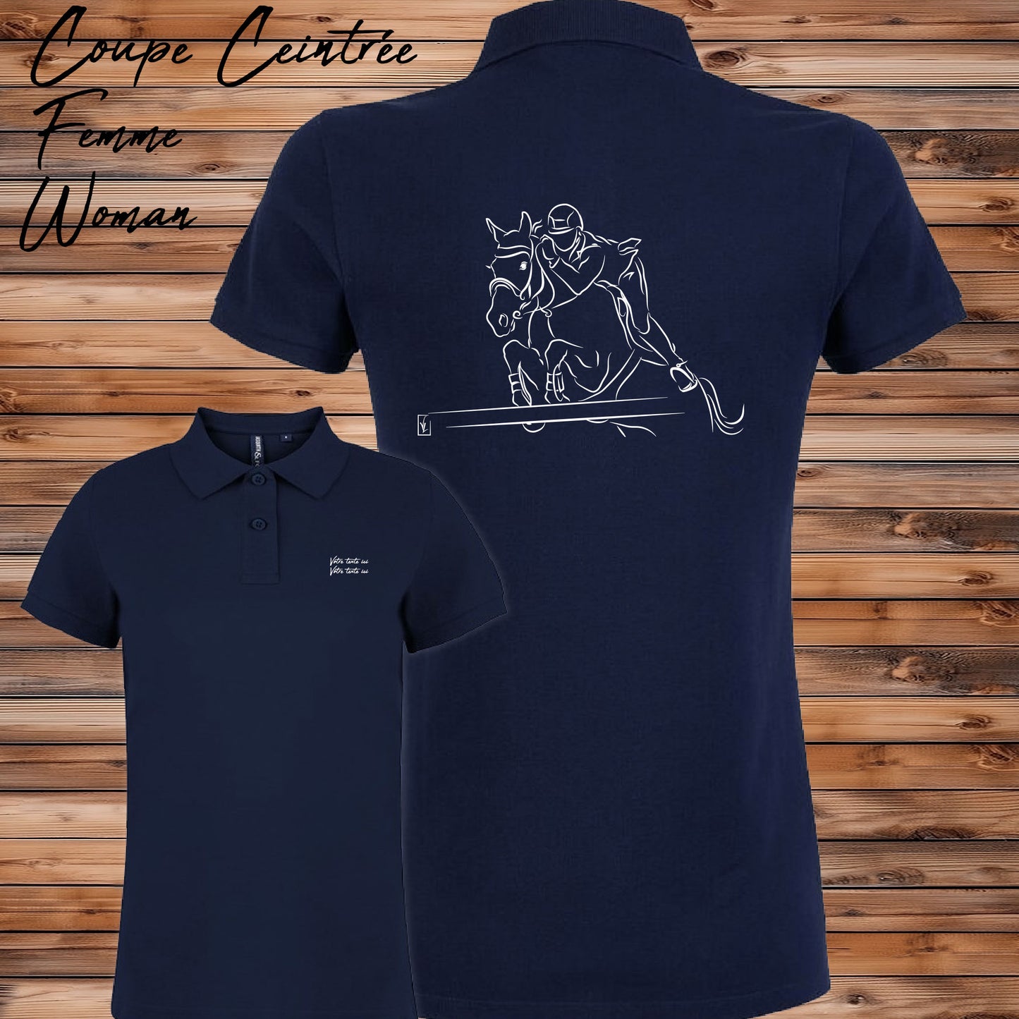 Equitation, saut d'obstacle, cheval, graphisme sur polo bleu femme à personnaliser avec un texte. Création Virginie Linard ©.