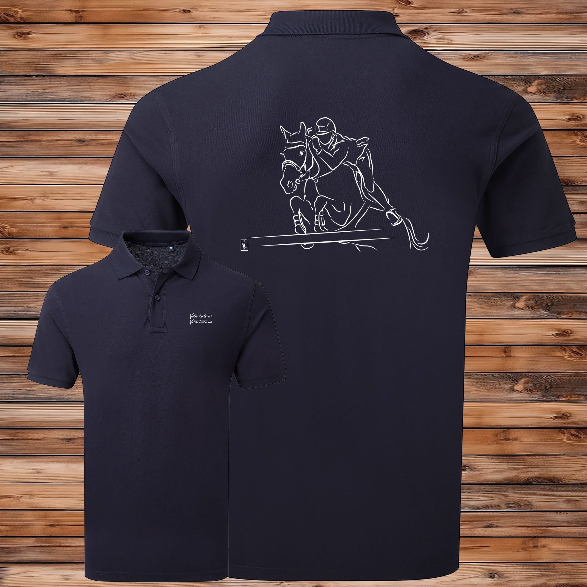 Equitation, saut d'obstacle, cheval, graphisme sur polo bleu homme à personnaliser avec un texte. Création Virginie Linard ©.