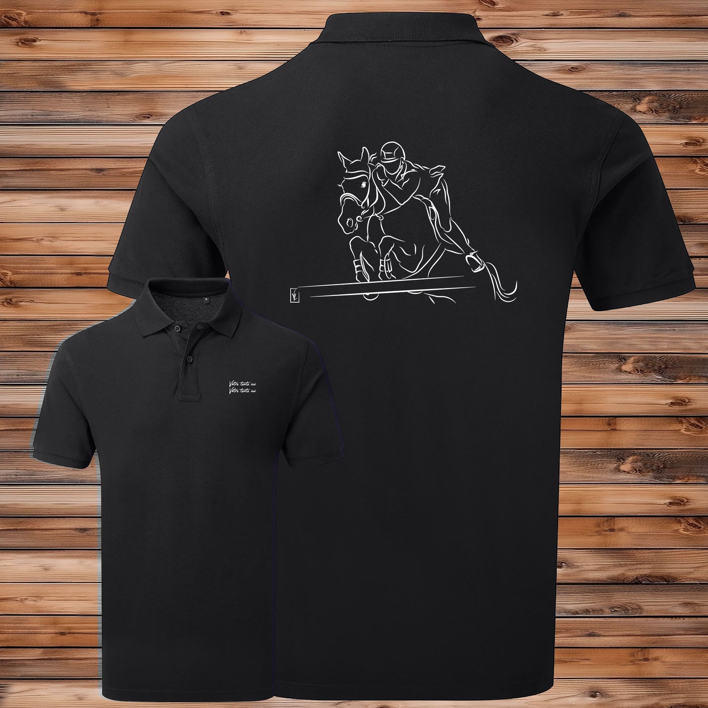 Equitation, saut d'obstacle, cheval, graphisme sur polo noir homme à personnaliser avec un texte. Création Virginie Linard ©.