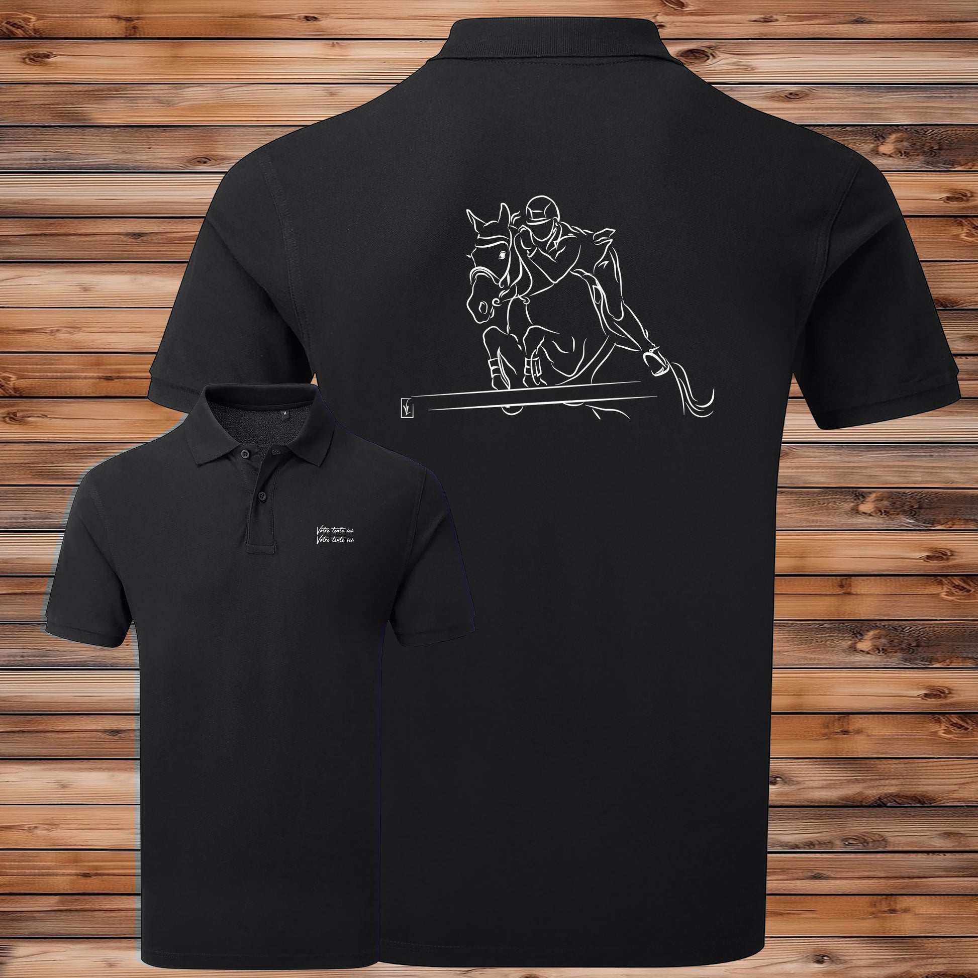 Equitation, saut d'obstacle, cheval, graphisme sur polo noir homme à personnaliser avec un texte. Création Virginie Linard ©.
