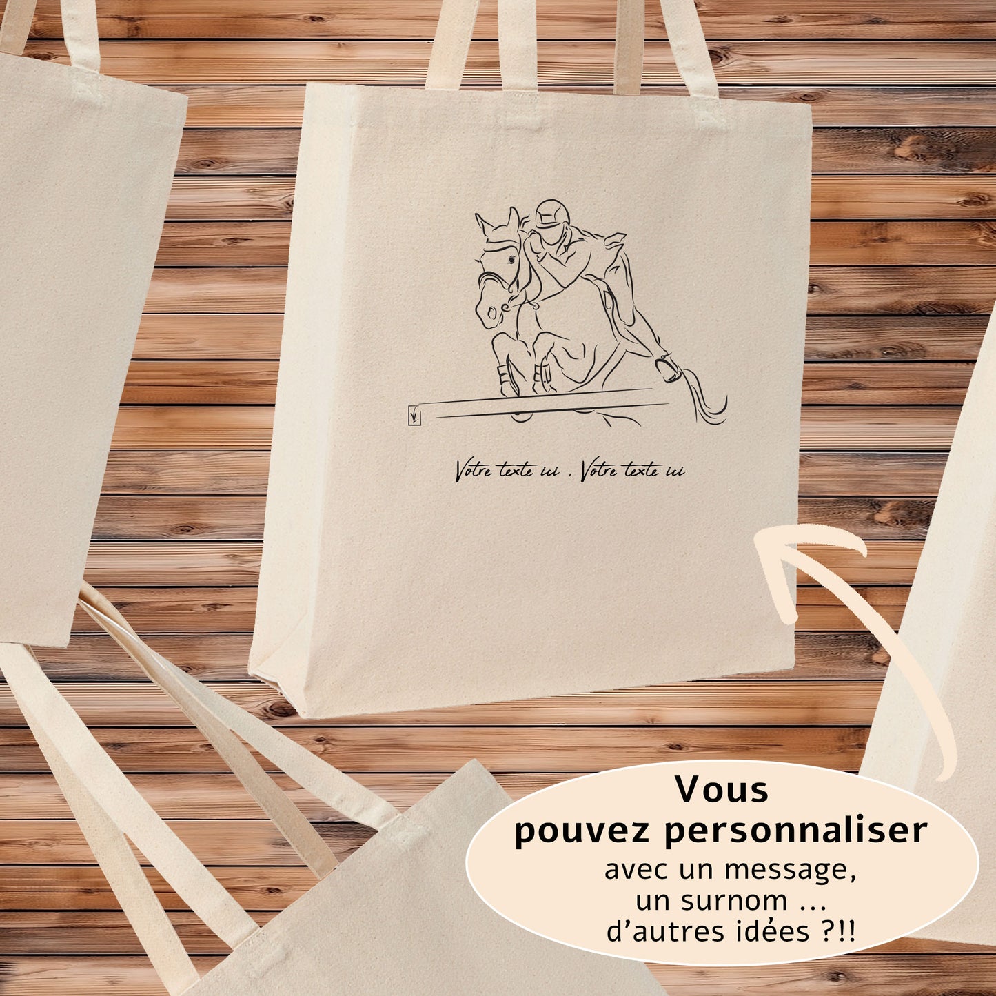 Equitation, saut d'obstacle, cheval, graphisme sur sac tote-bag beige à personnaliser avec un texte. Création Virginie Linard ©.