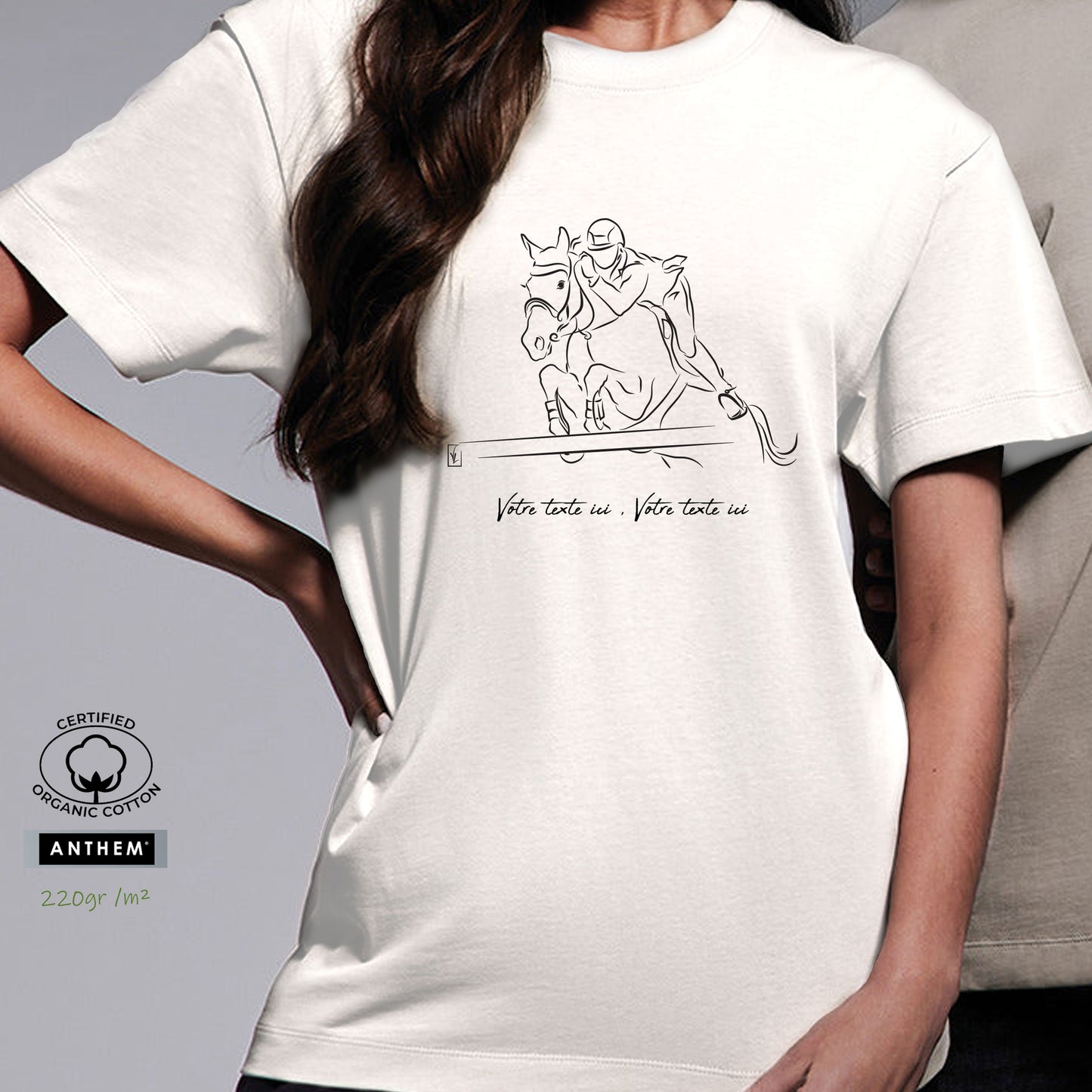 Equitation, saut d'obstacle, cheval, graphisme sur T-shirt biologique blanc à personnaliser avec un texte. Création Virginie Linard ©.