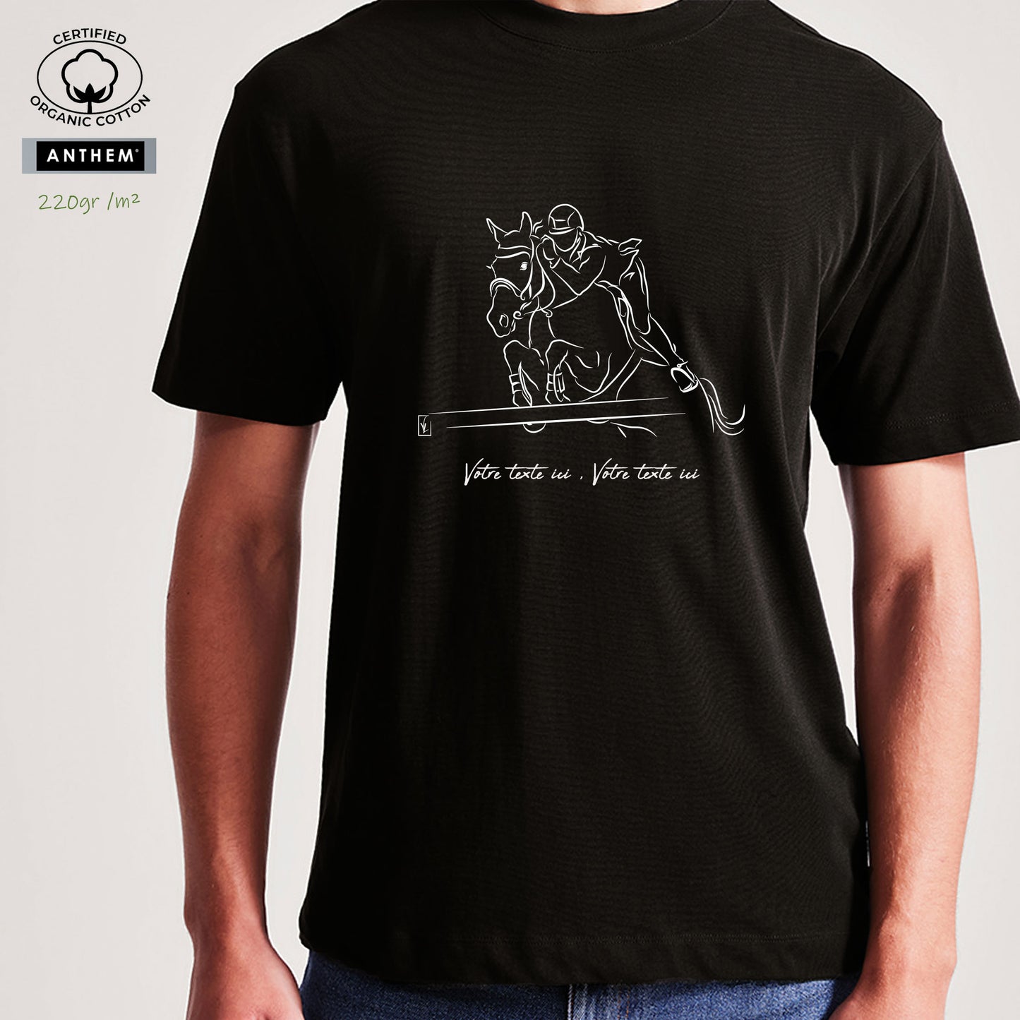 Equitation, saut d'obstacle, cheval, graphisme sur T-shirt biologique noir à personnaliser avec un texte. Création Virginie Linard ©.
