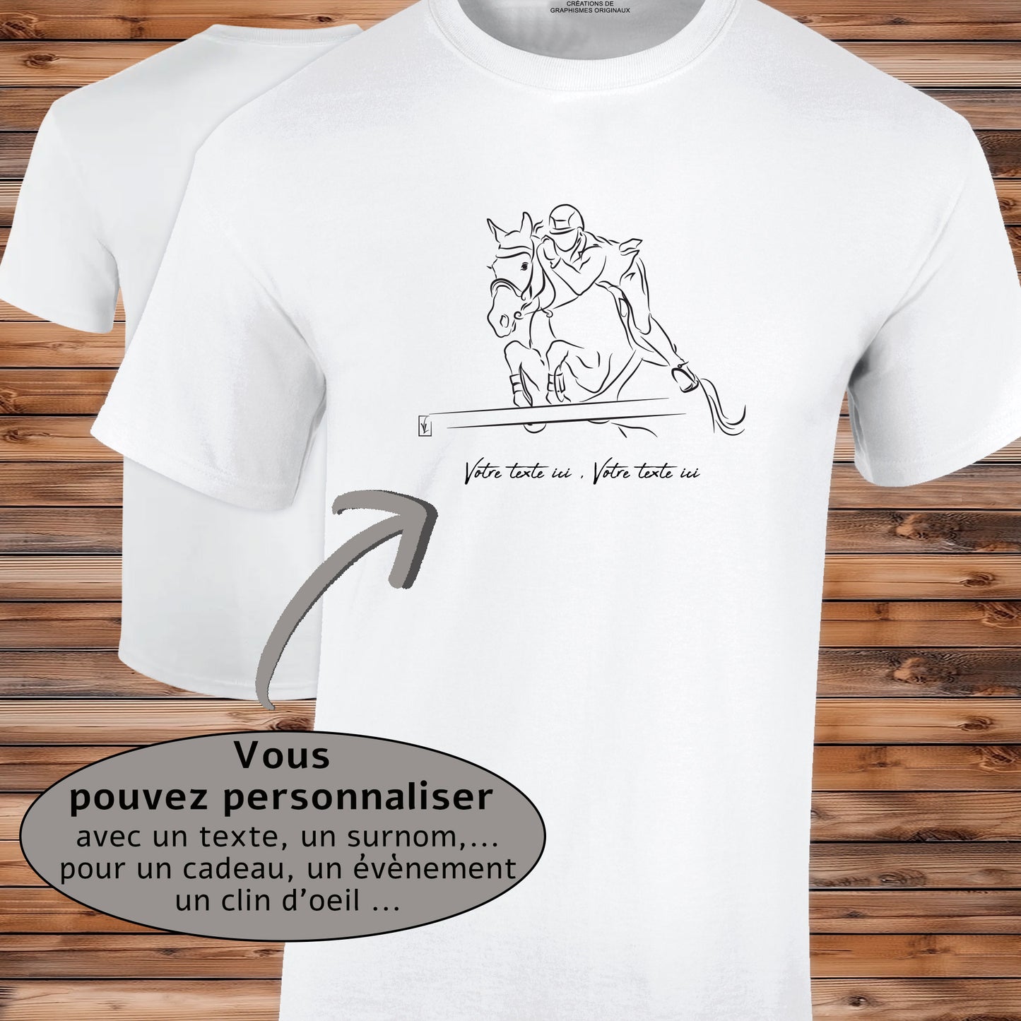 Equitation Saut d'obstacle cheval, graphisme sur T-shirt blanc homme à personnaliser avec un texte. Création Virginie Linard ©.