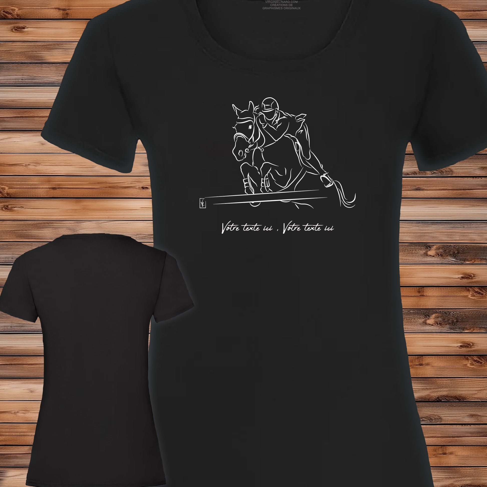 Equitation Saut d'obstacle cheval, graphisme sur T-shirt noir femme à personnaliser avec un texte. Création Virginie Linard ©.