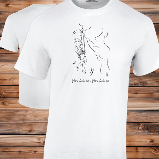 Graphisme escalade sur t-shirt blanc à personnaliser avec du texte. Création Virginie Linard ©.