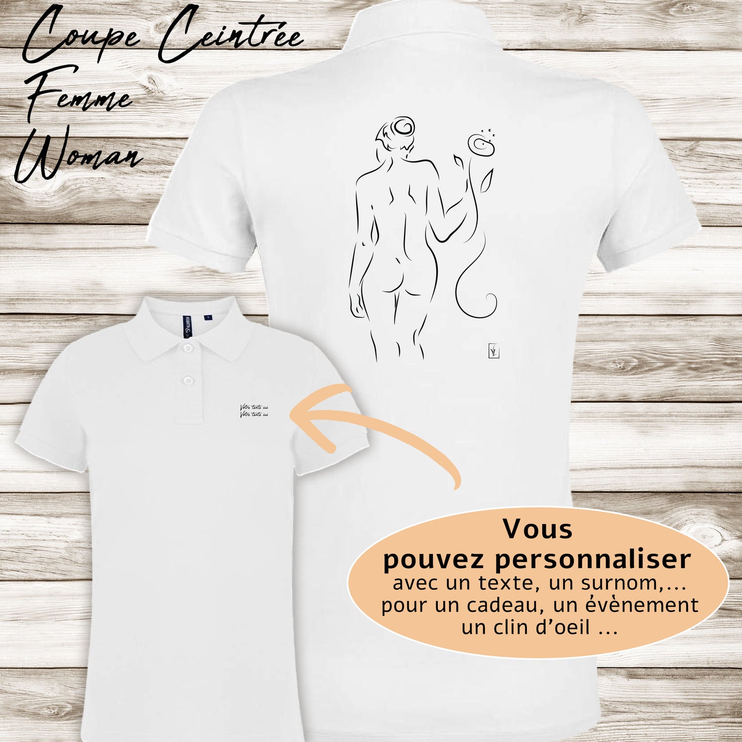 Graphisme esquisse nue femme de dos avec une fleur à la main sur polo à personnaliser avec du texte. Création Virginie Linard ©.