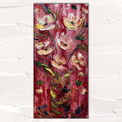 Tableau fleurs rose et blanc moderne contemporain 30x60 cm  peint à la main virginie Linard ©