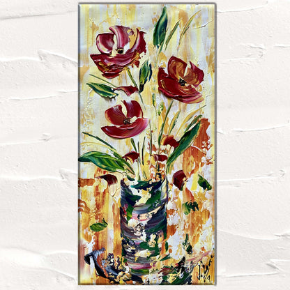 Tableau fleurs rouge et jaune moderne contemporain 30x60 cm peint à la main virginie Linard ©